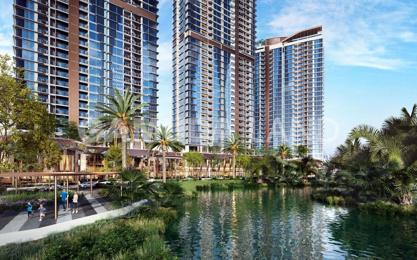 Cảnh quan xanh mát mang đến những phút giây thư giãn cho cư dân thượng lưu tản bộ tại khu vườn dừa nước.