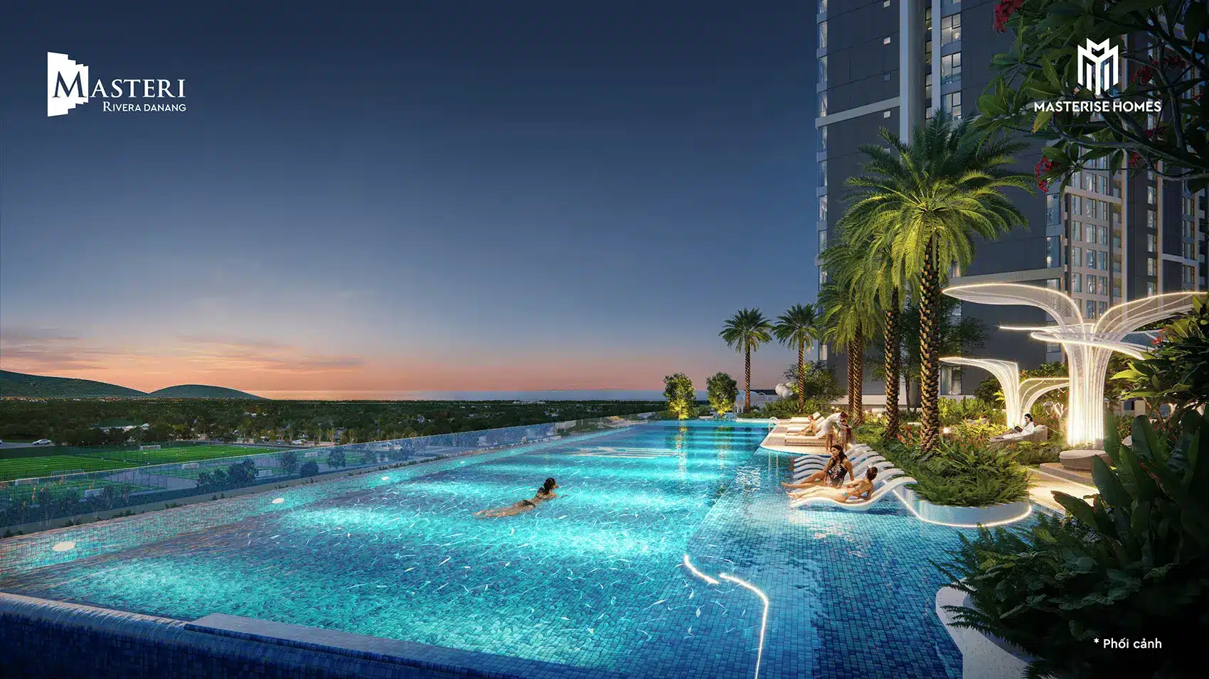 Bể bơi phong cách resort tại Masteri Rivera Đà Nẵng, nơi tận hưởng nhịp sống hiện đại và sang trọng.